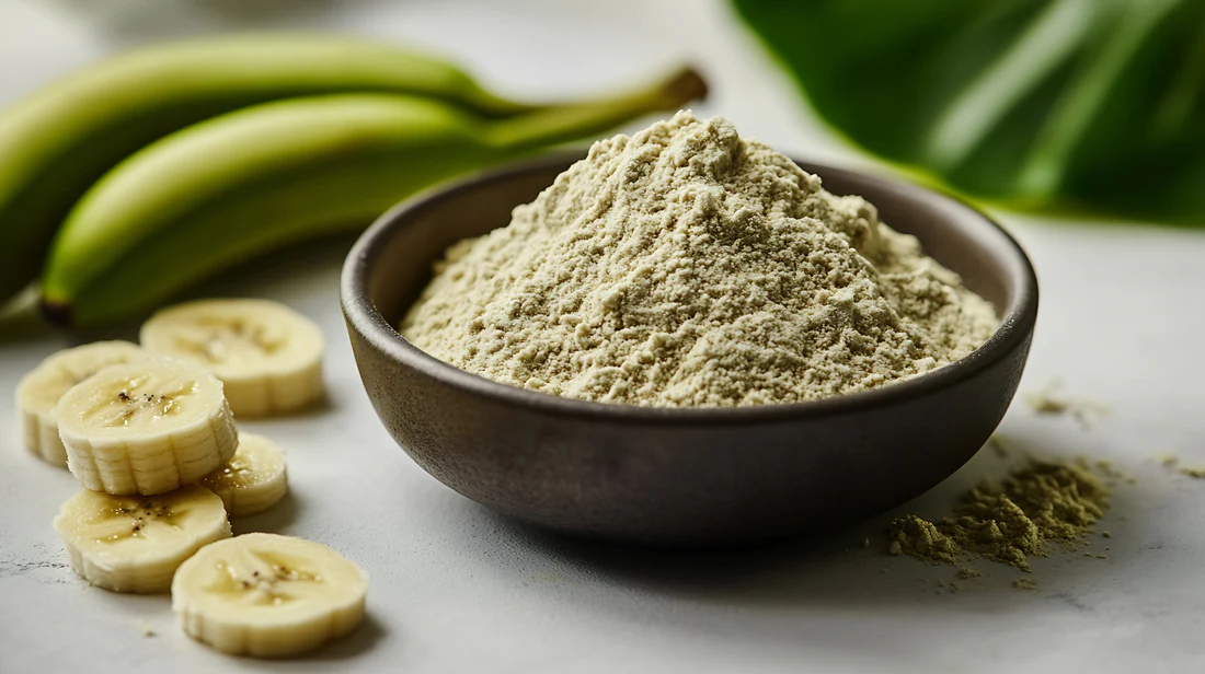 Home banana flour raw green bananas white background prebiotic food gut heal generative ai